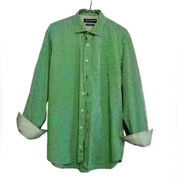 Nick Graham green and white checked men’s button down. Modern fit.‎ Neck size 16 - Picture 1 of 7
